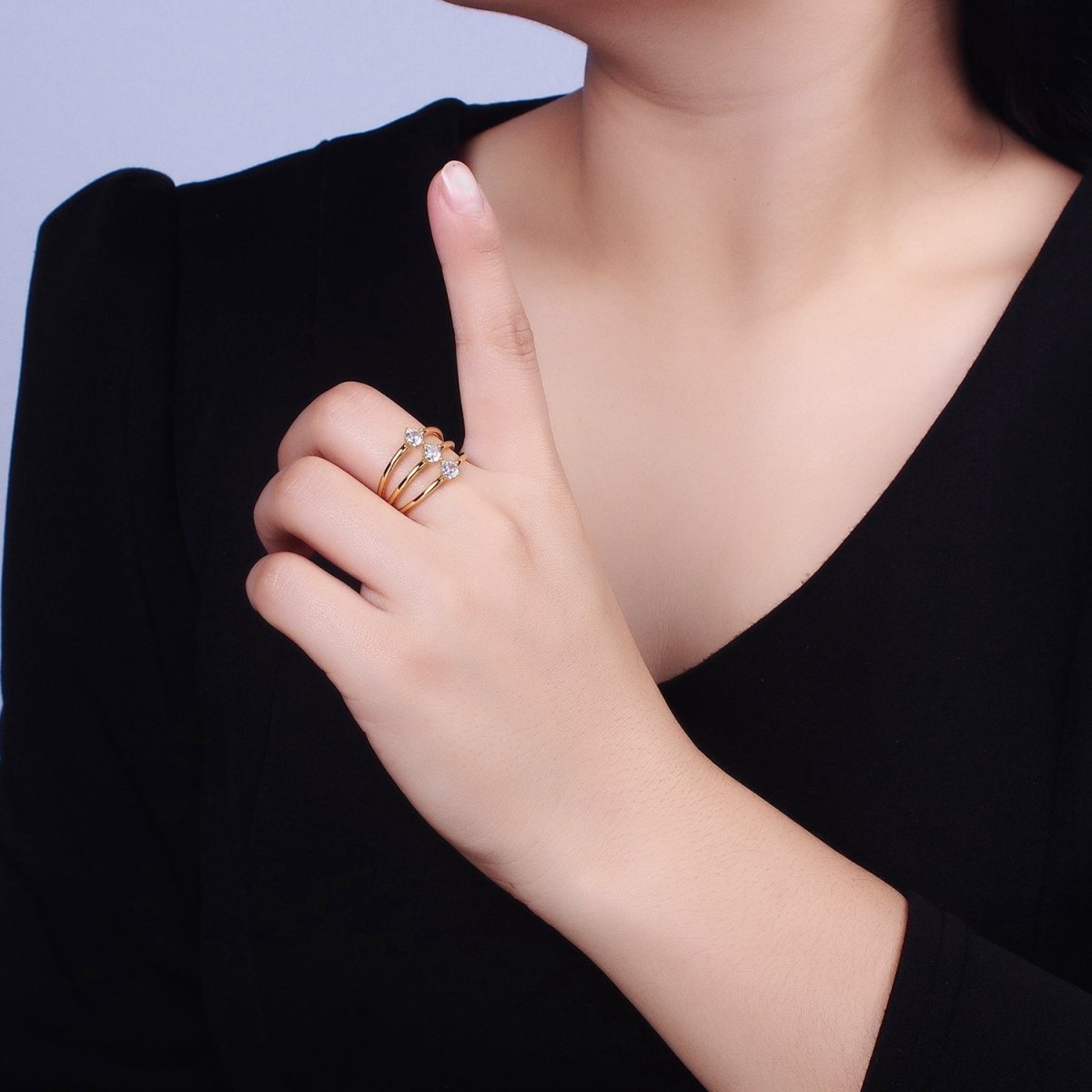 14K Gold Filled Round Clear CZ Triple Band Ring in Gold & Silver | O1950 O1951