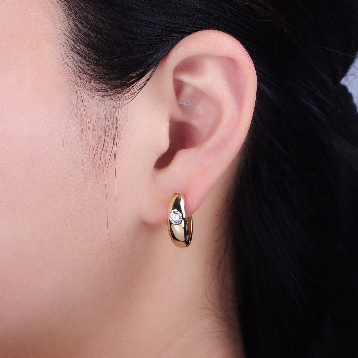 14K Gold Filled Round Clear Dot CZ 17.5mm Huggie Earrings | AB1531 - DLUXCA