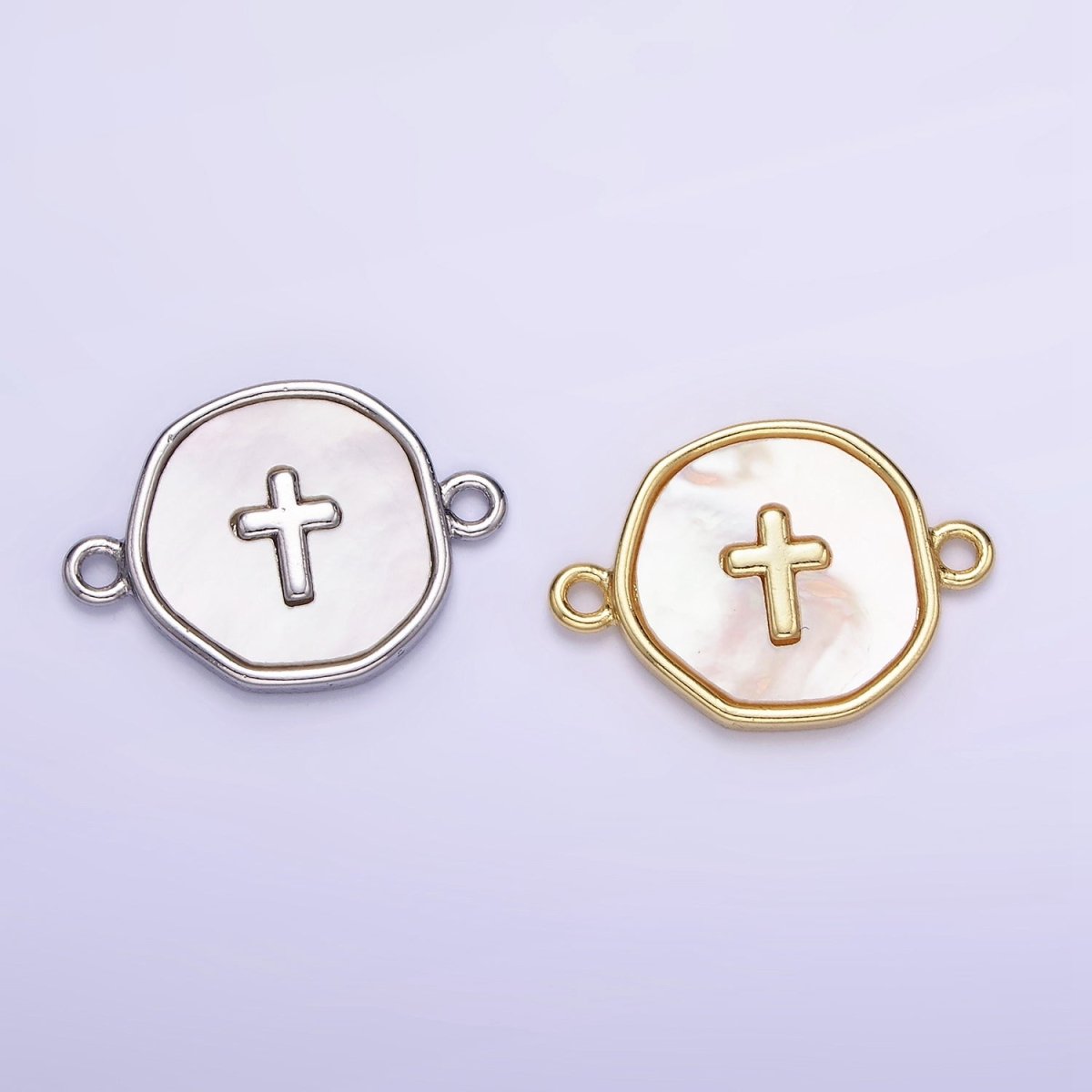 14K Gold Filled Round Coin Cross Charm Connector Shell Pearl Link Connector | G287