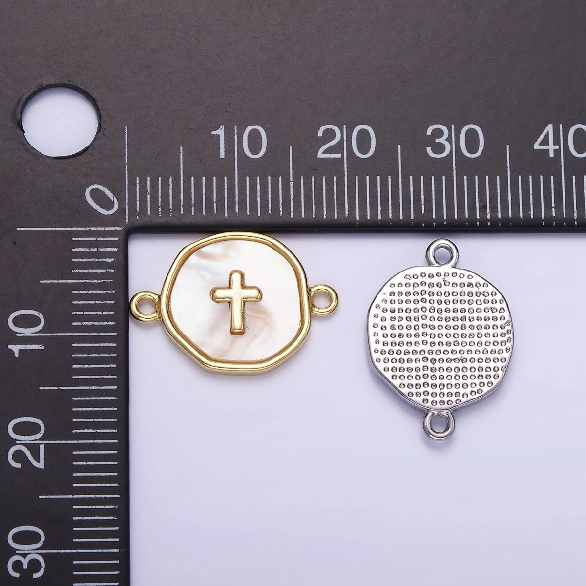 14K Gold Filled Round Coin Cross Charm Connector Shell Pearl Link Connector | G287