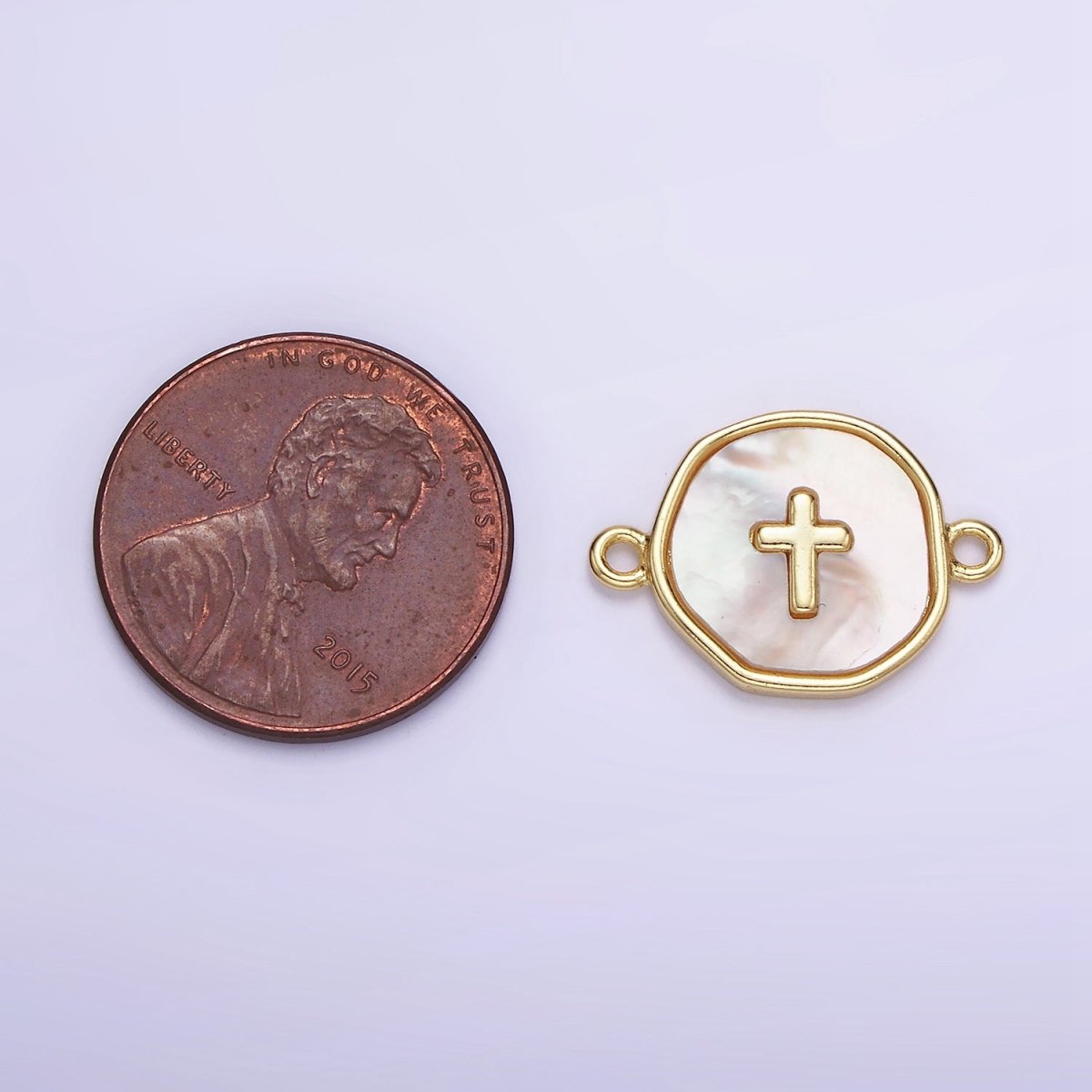 14K Gold Filled Round Coin Cross Charm Connector Shell Pearl Link Connector | G287