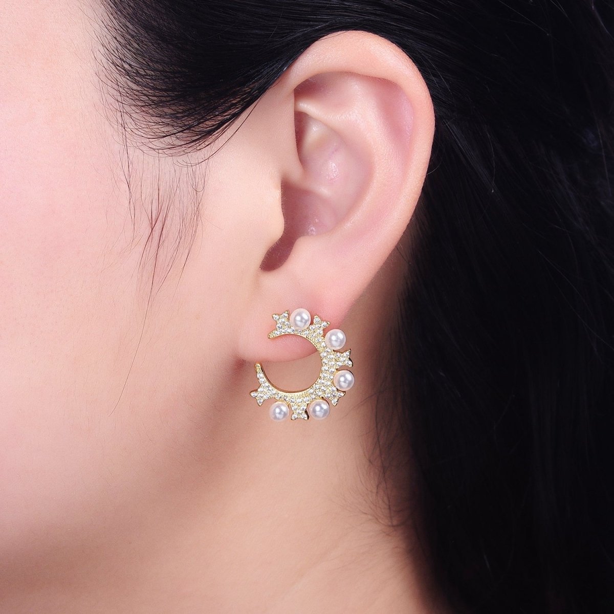 14K Gold Filled Round Pearl Lined Circular Micro Paved CZ Butterfly Stud Earrings in Gold & Silver | AB1506 AB1507