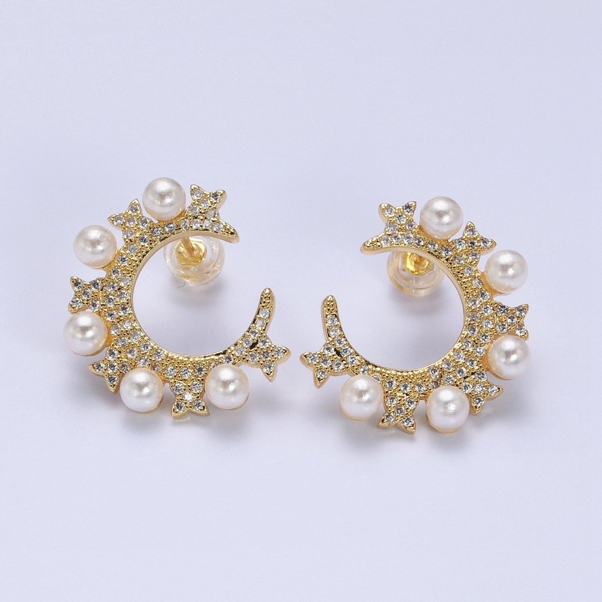 14K Gold Filled Round Pearl Lined Circular Micro Paved CZ Butterfly Stud Earrings in Gold & Silver | AB1506 AB1507