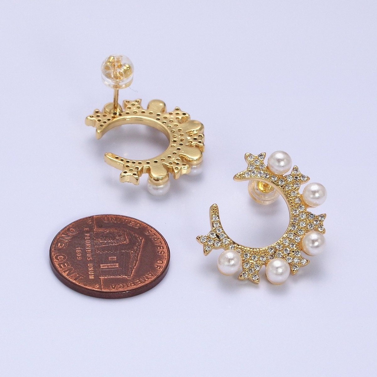 14K Gold Filled Round Pearl Lined Circular Micro Paved CZ Butterfly Stud Earrings in Gold & Silver | AB1506 AB1507