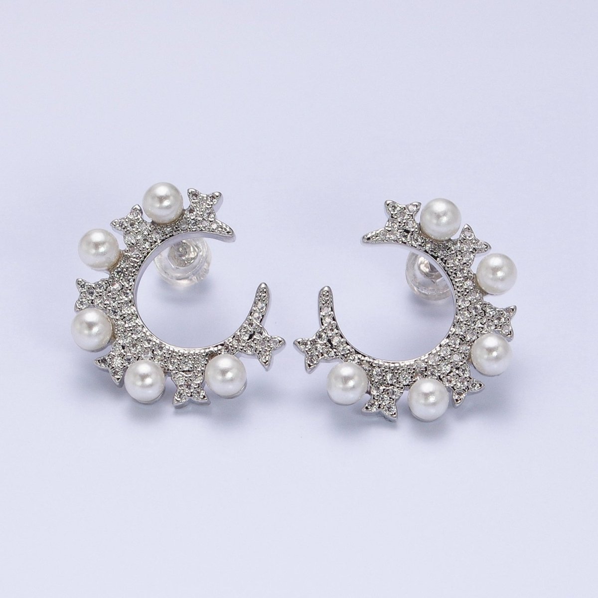 14K Gold Filled Round Pearl Lined Circular Micro Paved CZ Butterfly Stud Earrings in Gold & Silver | AB1506 AB1507