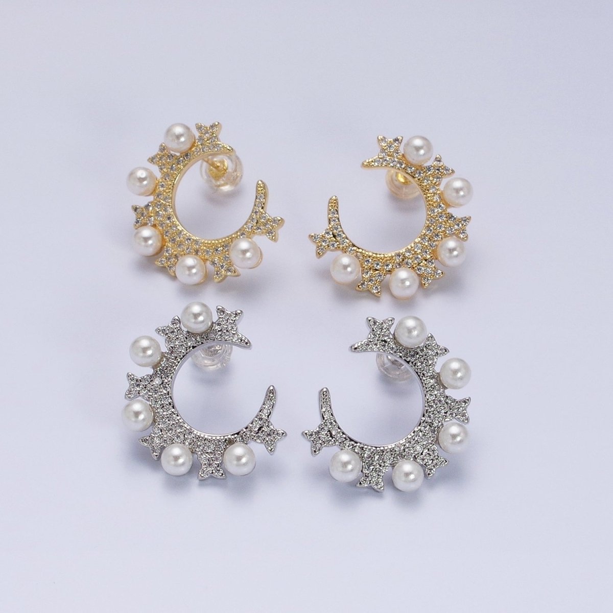 14K Gold Filled Round Pearl Lined Circular Micro Paved CZ Butterfly Stud Earrings in Gold & Silver | AB1506 AB1507