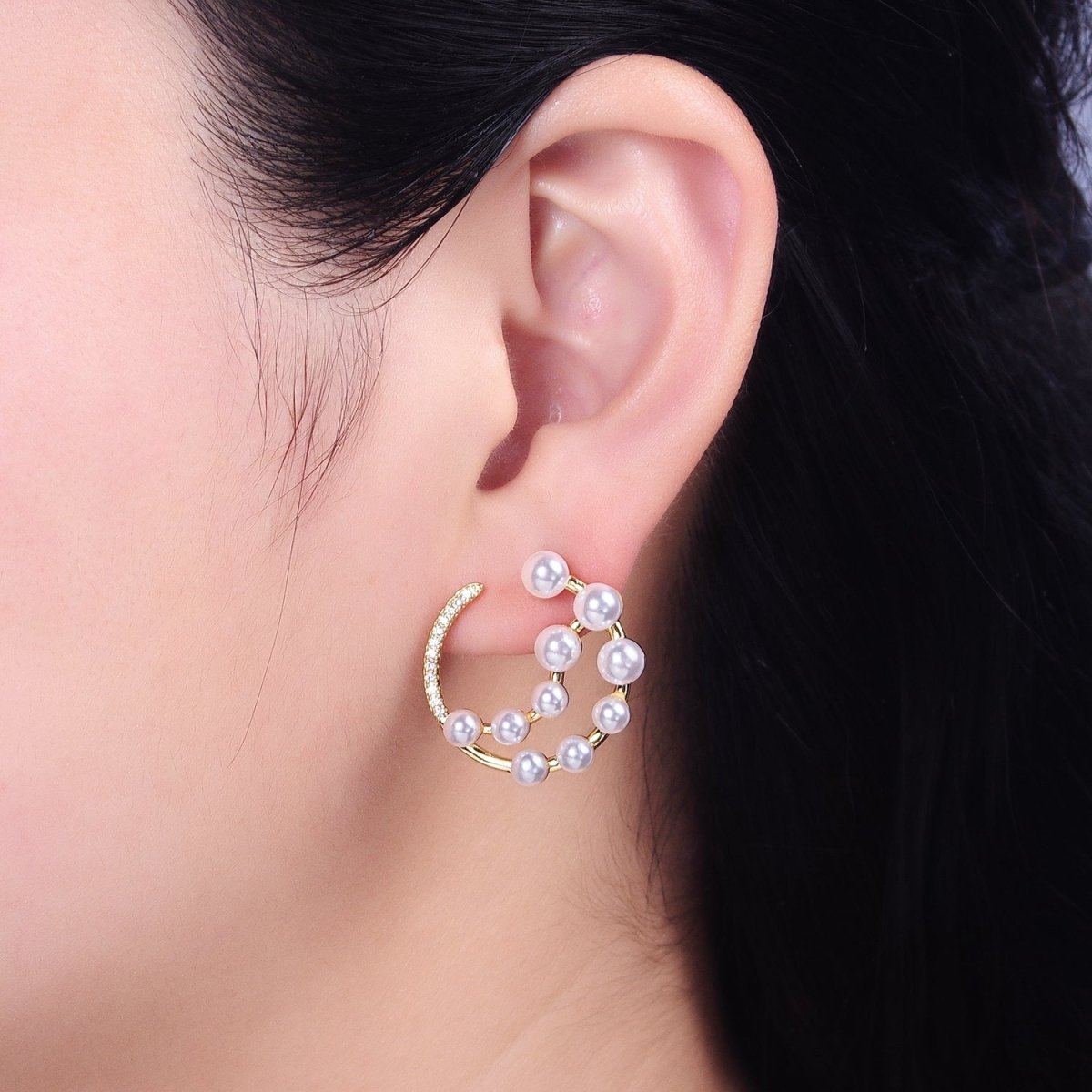 14K Gold Filled Round Pearl Lined Triple Circular Micro Paved CZ Hoop Earrings | AB1517 - AB1518