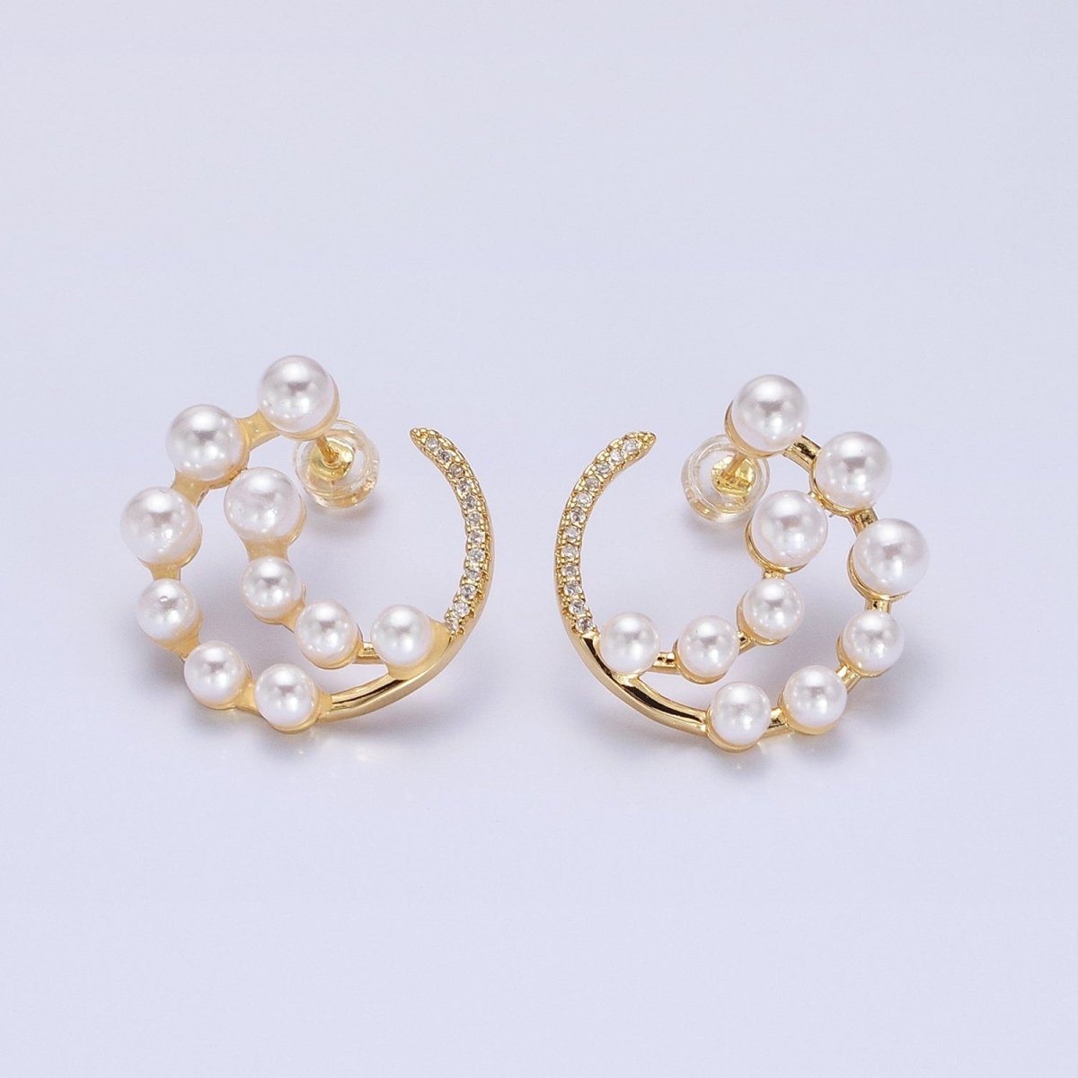 14K Gold Filled Round Pearl Lined Triple Circular Micro Paved CZ Hoop Earrings | AB1517 - AB1518