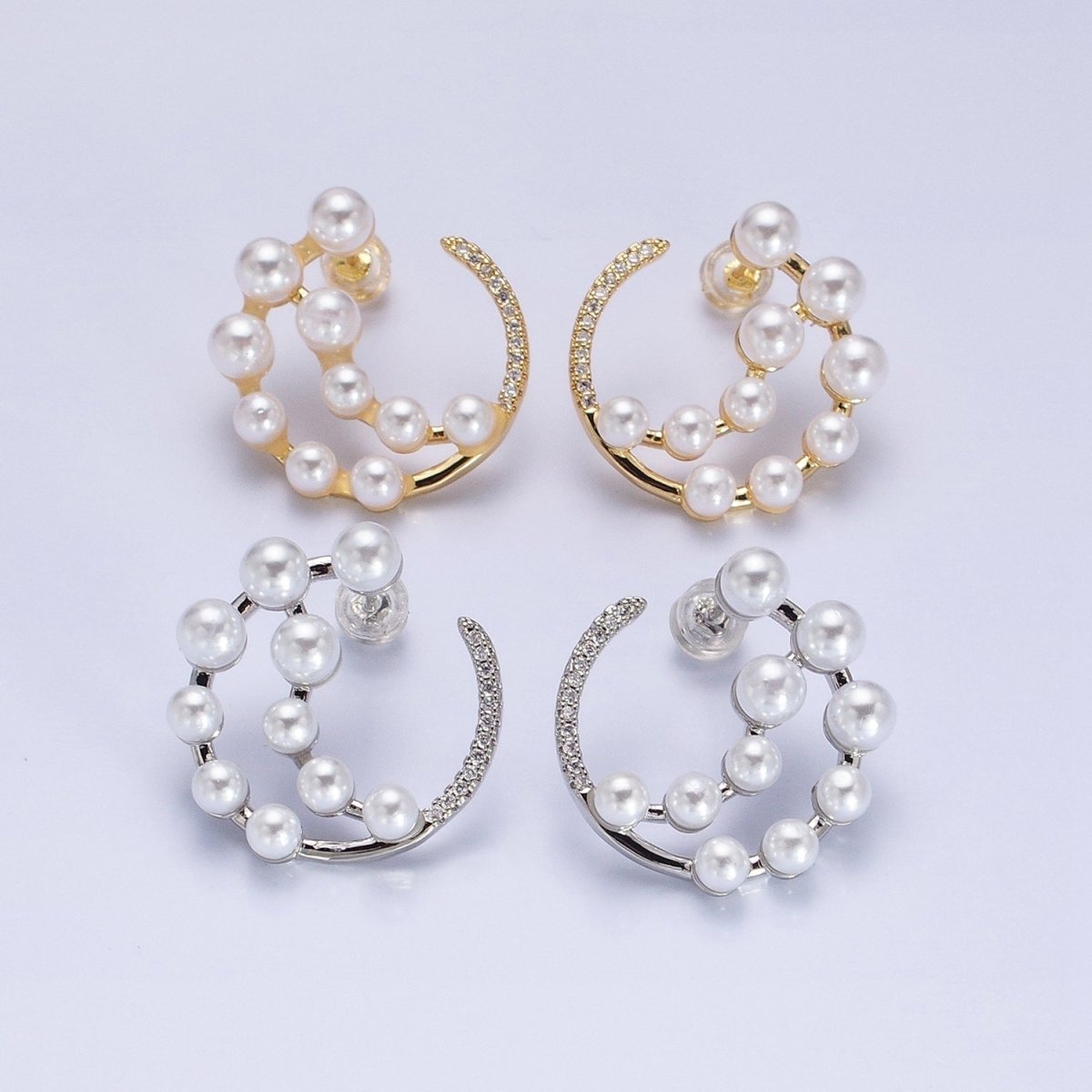 14K Gold Filled Round Pearl Lined Triple Circular Micro Paved CZ Hoop Earrings | AB1517 - AB1518