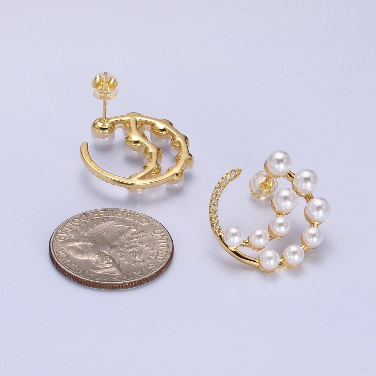 14K Gold Filled Round Pearl Lined Triple Circular Micro Paved CZ Hoop Earrings | AB1517 - AB1518