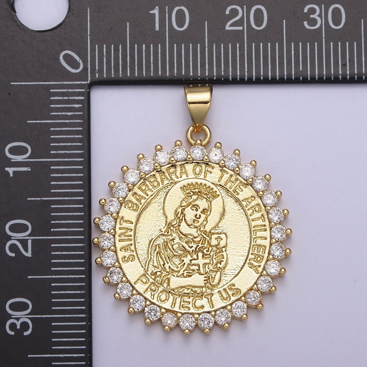 14K Gold Filled Saint Barbara Round Religious Medallion Pendant Micro Pave Religious necklace Charm H-924 - DLUXCA
