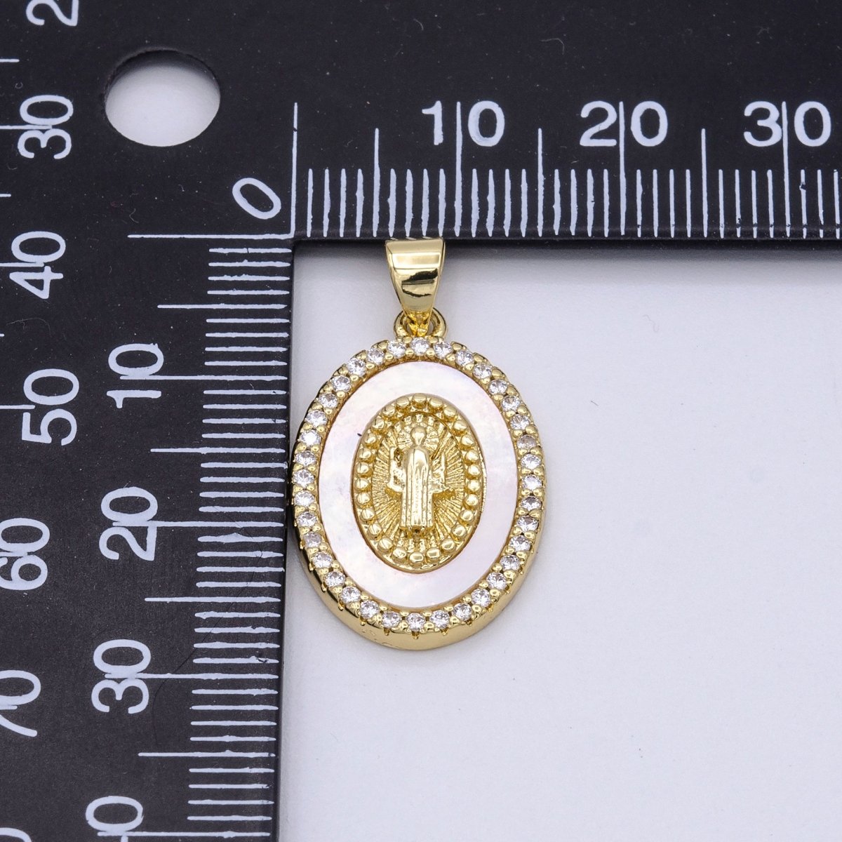14K Gold Filled Saint Benedict Religious Oval Pearl Micro Paved CZ Pendant | AA428 - DLUXCA