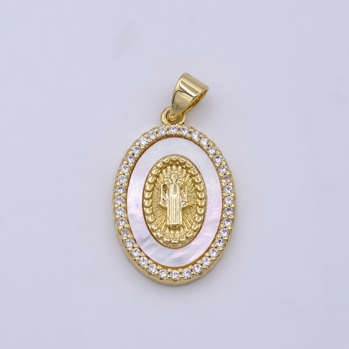 14K Gold Filled Saint Benedict Religious Oval Pearl Micro Paved CZ Pendant | AA428 - DLUXCA