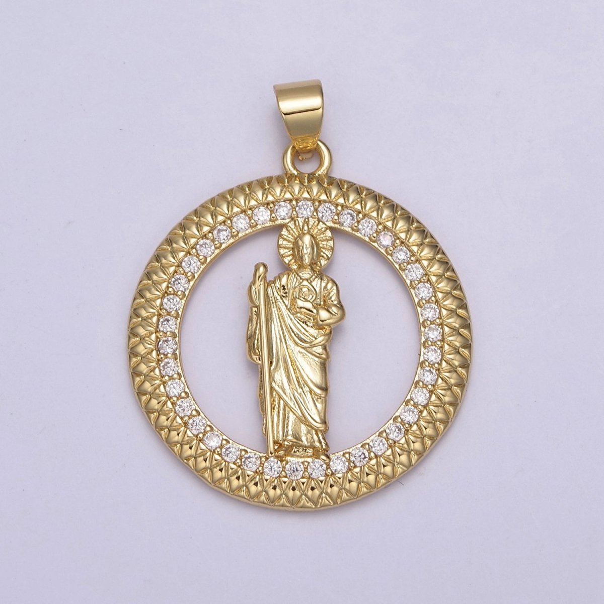 14K Gold Filled Saint Jude Round Religious Medallion Pendant Micro Pave San Judas Tadeo necklace Charm H-929 - DLUXCA