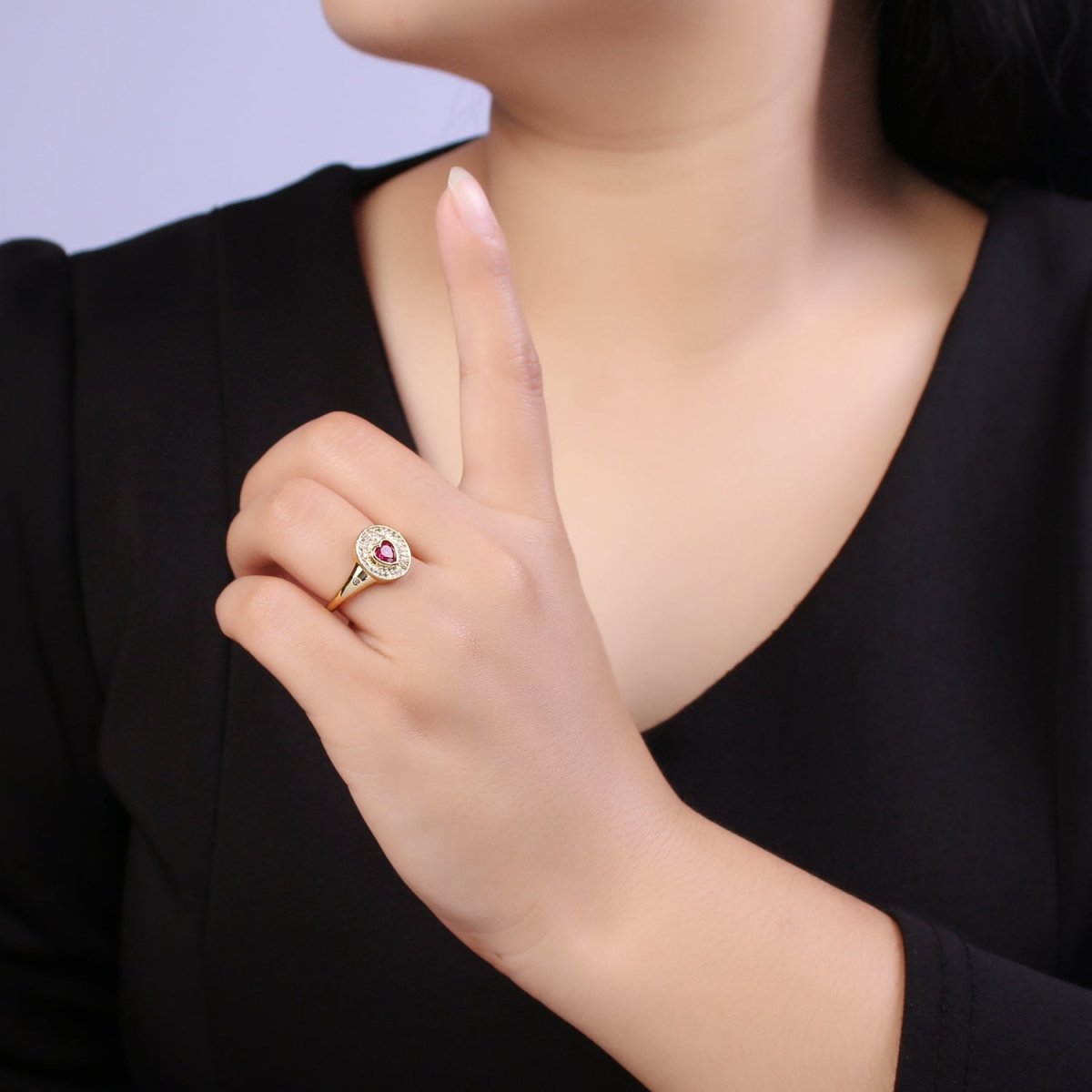 14k Gold Filled Signet Ring, Cubic Zirconia CZ Heart Circle Ring, Gold Open Adjustable Ring U-285~U-288