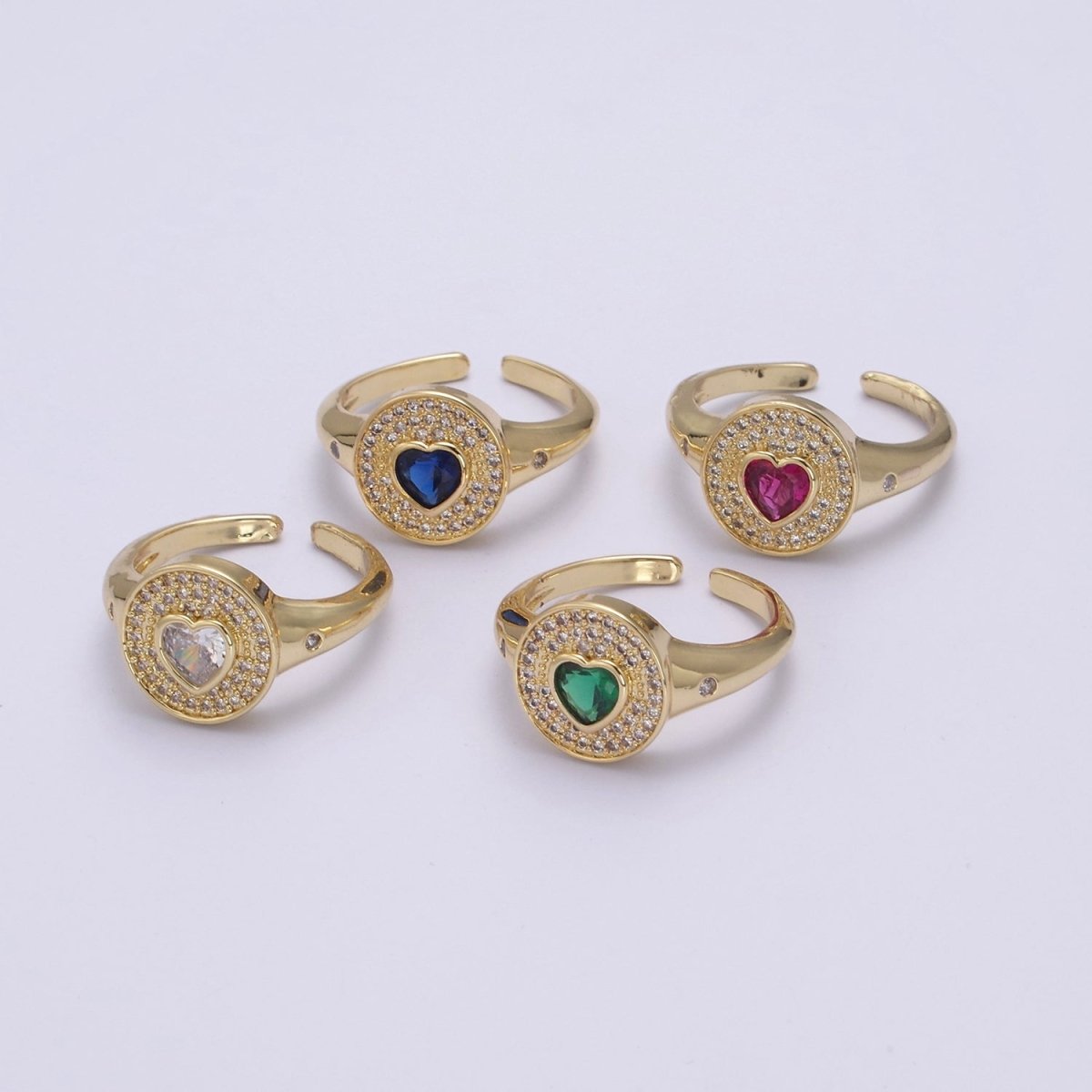 14k Gold Filled Signet Ring, Cubic Zirconia CZ Heart Circle Ring, Gold Open Adjustable Ring U-285~U-288