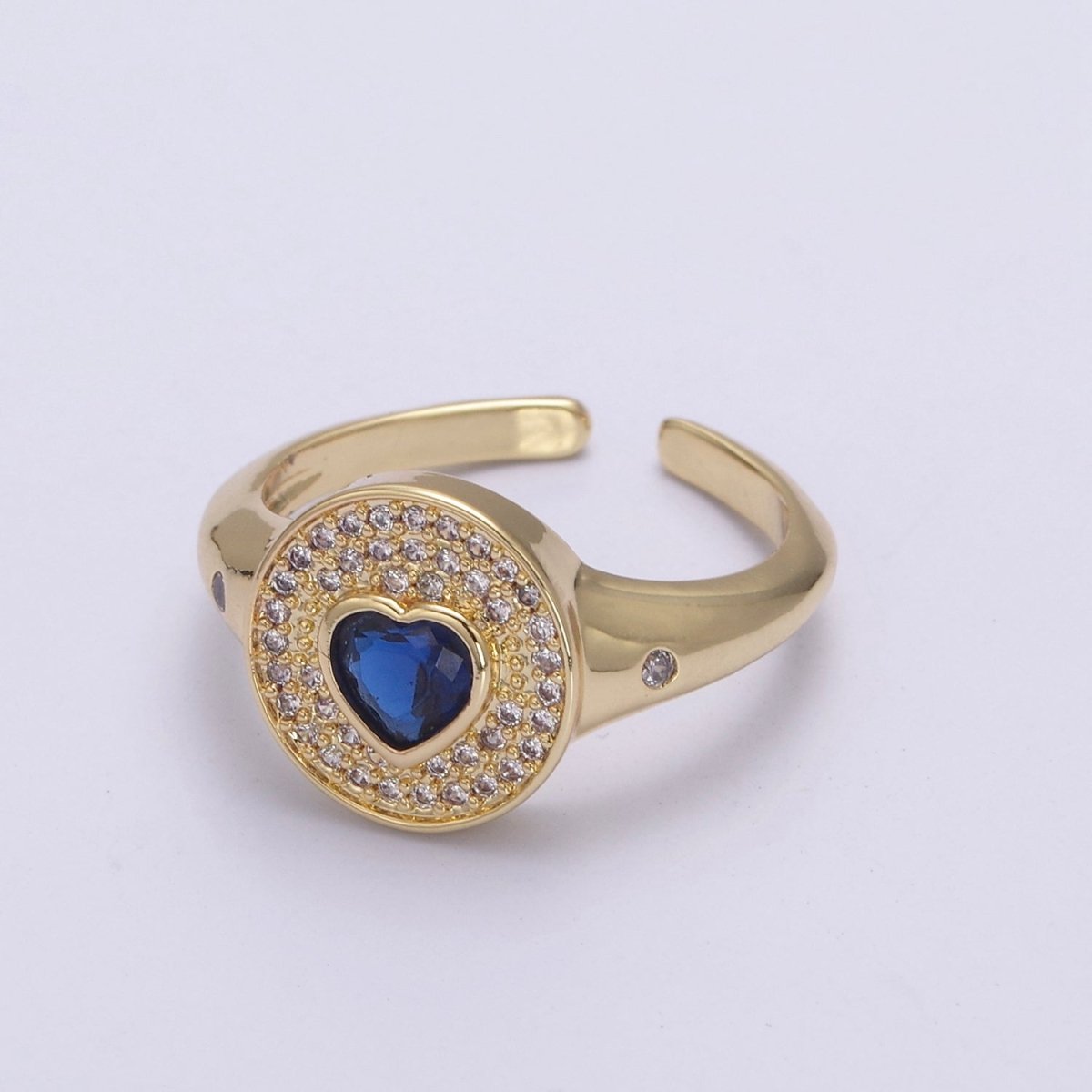 14k Gold Filled Signet Ring, Cubic Zirconia CZ Heart Circle Ring, Gold Open Adjustable Ring U-285~U-288