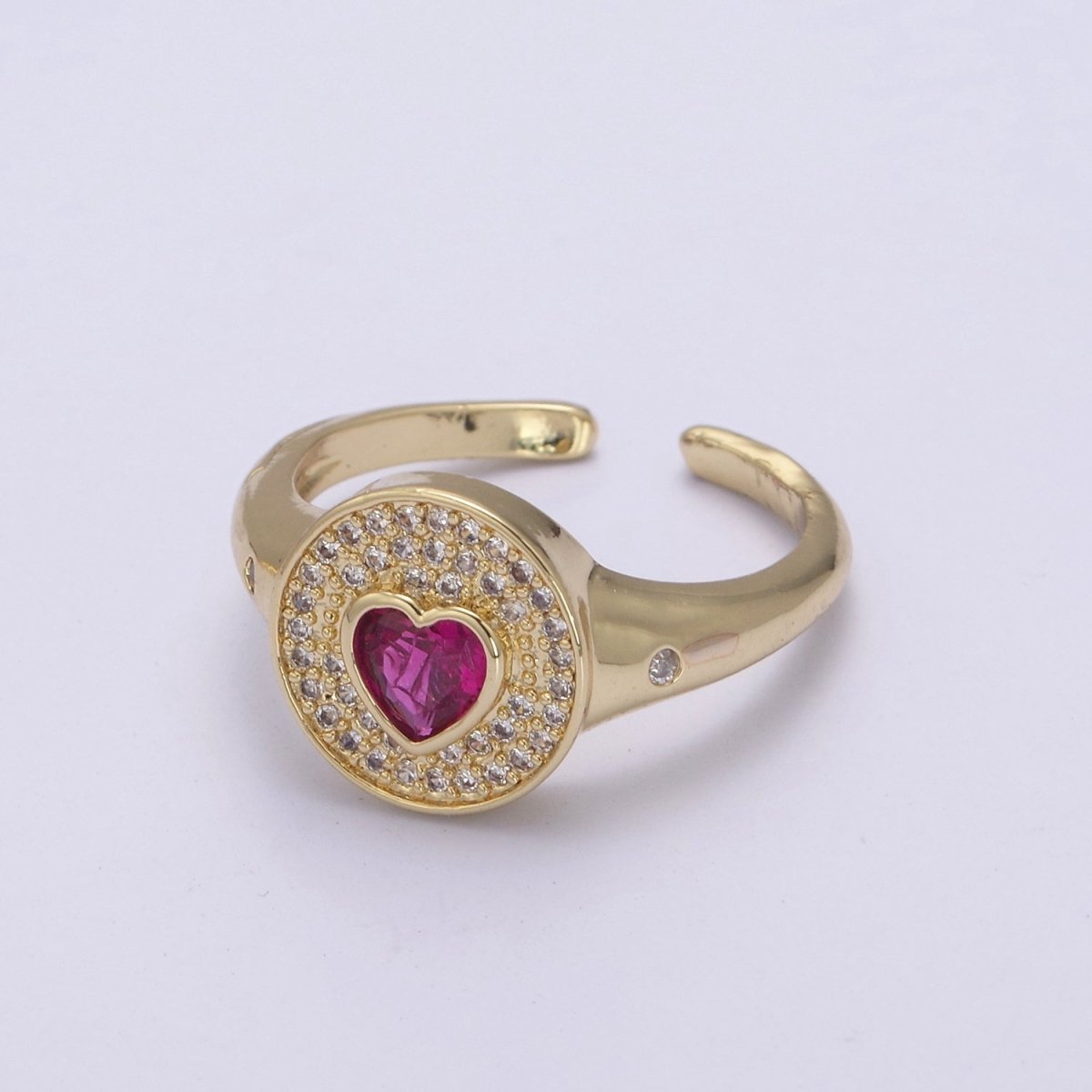 14k Gold Filled Signet Ring, Cubic Zirconia CZ Heart Circle Ring, Gold Open Adjustable Ring U-285~U-288