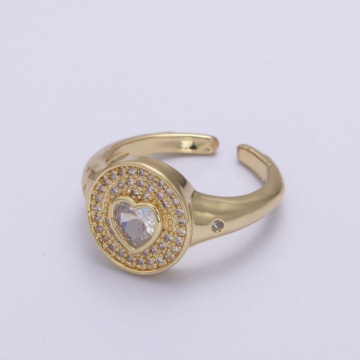 14k Gold Filled Signet Ring, Cubic Zirconia CZ Heart Circle Ring, Gold Open Adjustable Ring U-285~U-288