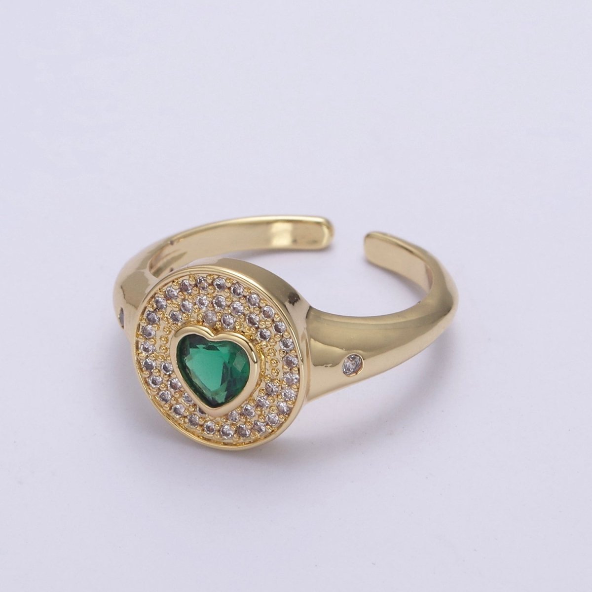 14k Gold Filled Signet Ring, Cubic Zirconia CZ Heart Circle Ring, Gold Open Adjustable Ring U-285~U-288