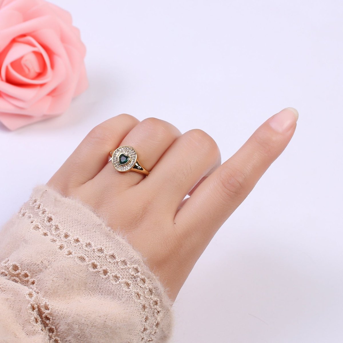 14k Gold Filled Signet Ring, Cubic Zirconia CZ Heart Circle Ring, Gold Open Adjustable Ring U-285~U-288