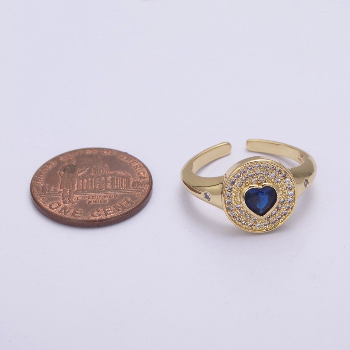 14k Gold Filled Signet Ring, Cubic Zirconia CZ Heart Circle Ring, Gold Open Adjustable Ring U-285~U-288