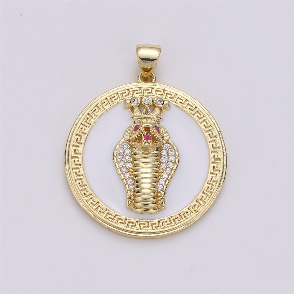 14k Gold Filled Snake Medallion Charm Roman Necklace, Greek Coin Jewelry, Micro Pave Charm Large Black White Disc 3D King Cobra Head Pendant I-581 I-582