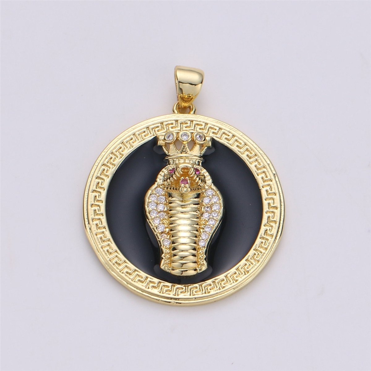14k Gold Filled Snake Medallion Charm Roman Necklace, Greek Coin Jewelry, Micro Pave Charm Large Black White Disc 3D King Cobra Head Pendant I-581 I-582