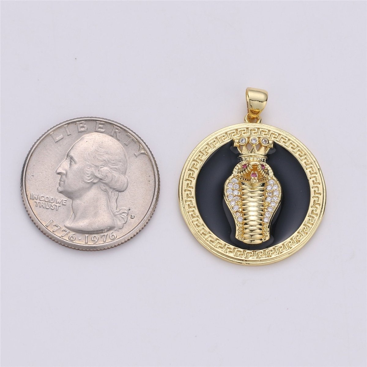 14k Gold Filled Snake Medallion Charm Roman Necklace, Greek Coin Jewelry, Micro Pave Charm Large Black White Disc 3D King Cobra Head Pendant I-581 I-582