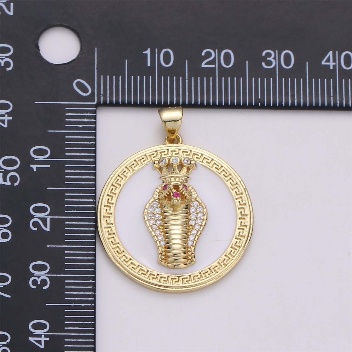 14k Gold Filled Snake Medallion Charm Roman Necklace, Greek Coin Jewelry, Micro Pave Charm Large Black White Disc 3D King Cobra Head Pendant I-581 I-582