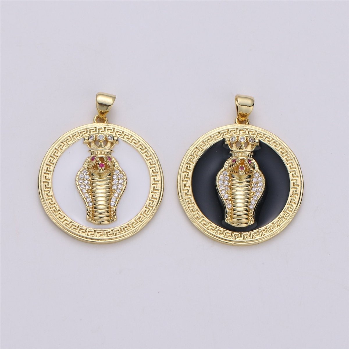 14k Gold Filled Snake Medallion Charm Roman Necklace, Greek Coin Jewelry, Micro Pave Charm Large Black White Disc 3D King Cobra Head Pendant I-581 I-582