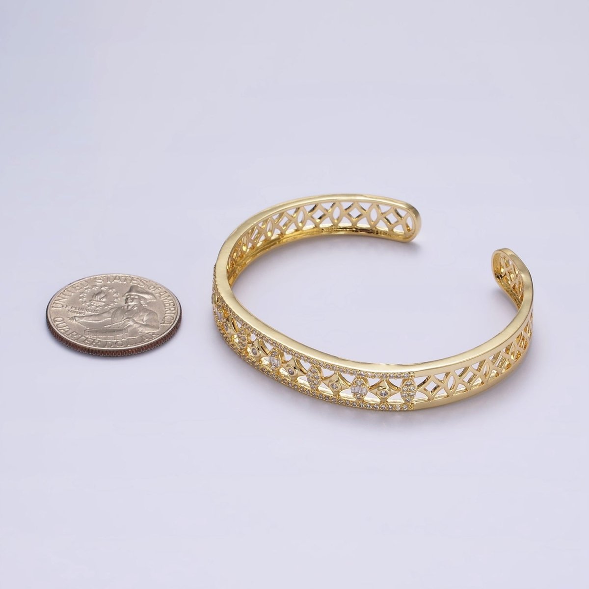 14K Gold Filled Spade Marquise Lined Micro Paved CZ Open Cuff Bangle Bracelet in Gold & Silver | WA-1931 WA-1932 Clearance Pricing