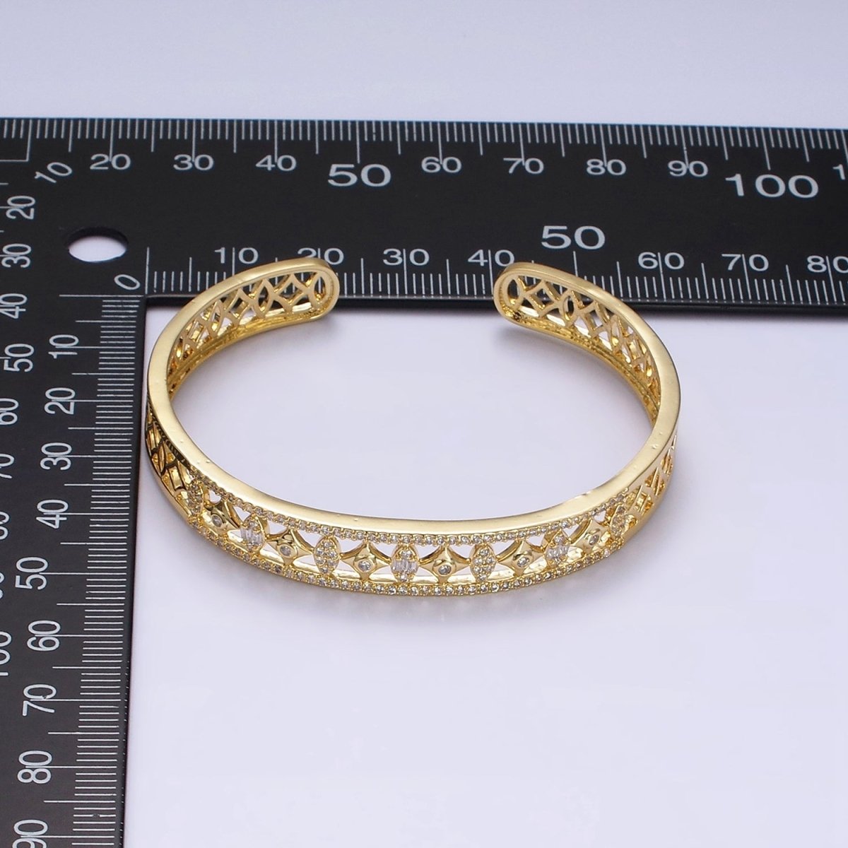 14K Gold Filled Spade Marquise Lined Micro Paved CZ Open Cuff Bangle Bracelet in Gold & Silver | WA-1931 WA-1932 Clearance Pricing