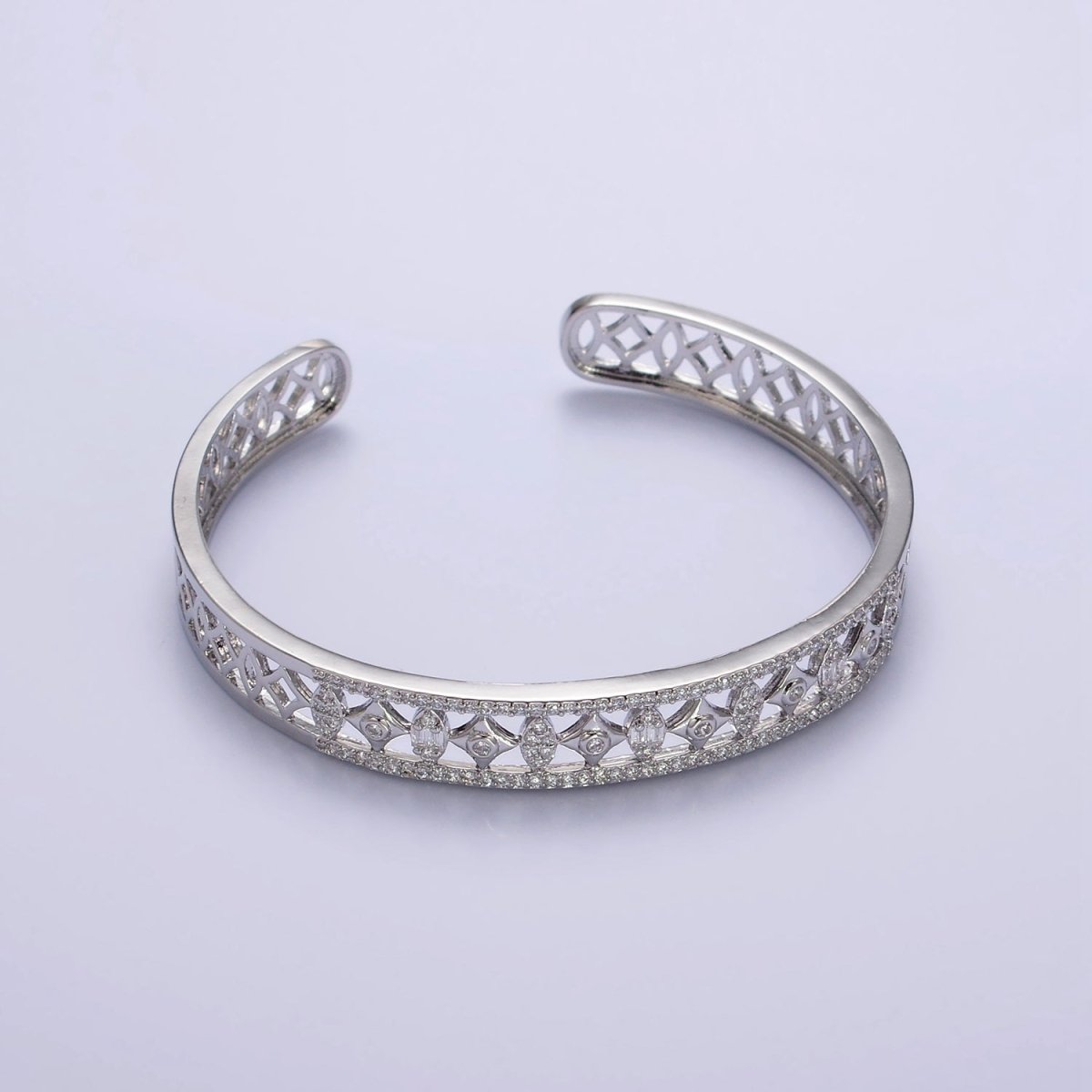 14K Gold Filled Spade Marquise Lined Micro Paved CZ Open Cuff Bangle Bracelet in Gold & Silver | WA-1931 WA-1932 Clearance Pricing