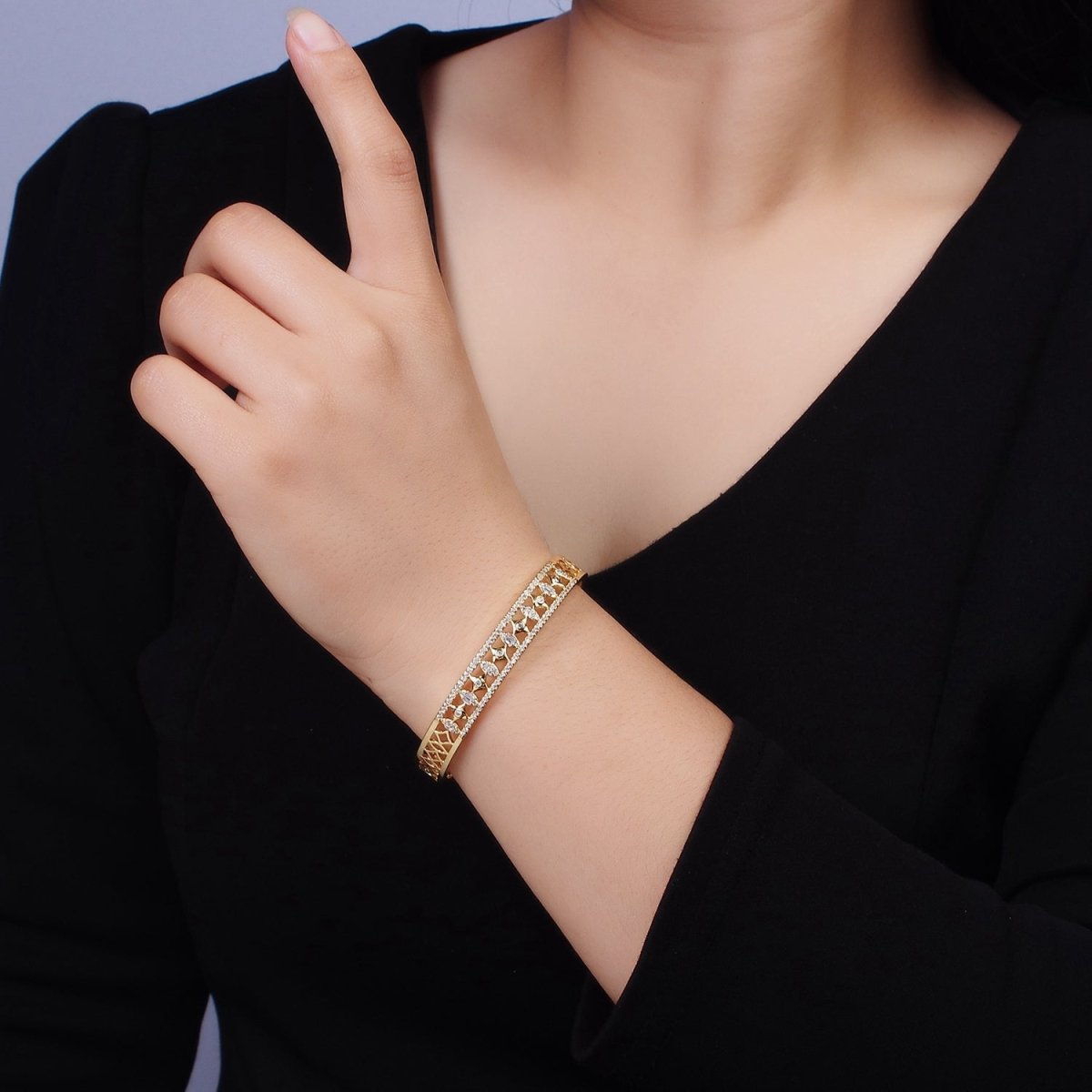 14K Gold Filled Spade Marquise Lined Micro Paved CZ Open Cuff Bangle Bracelet in Gold & Silver | WA-1931 WA-1932 Clearance Pricing