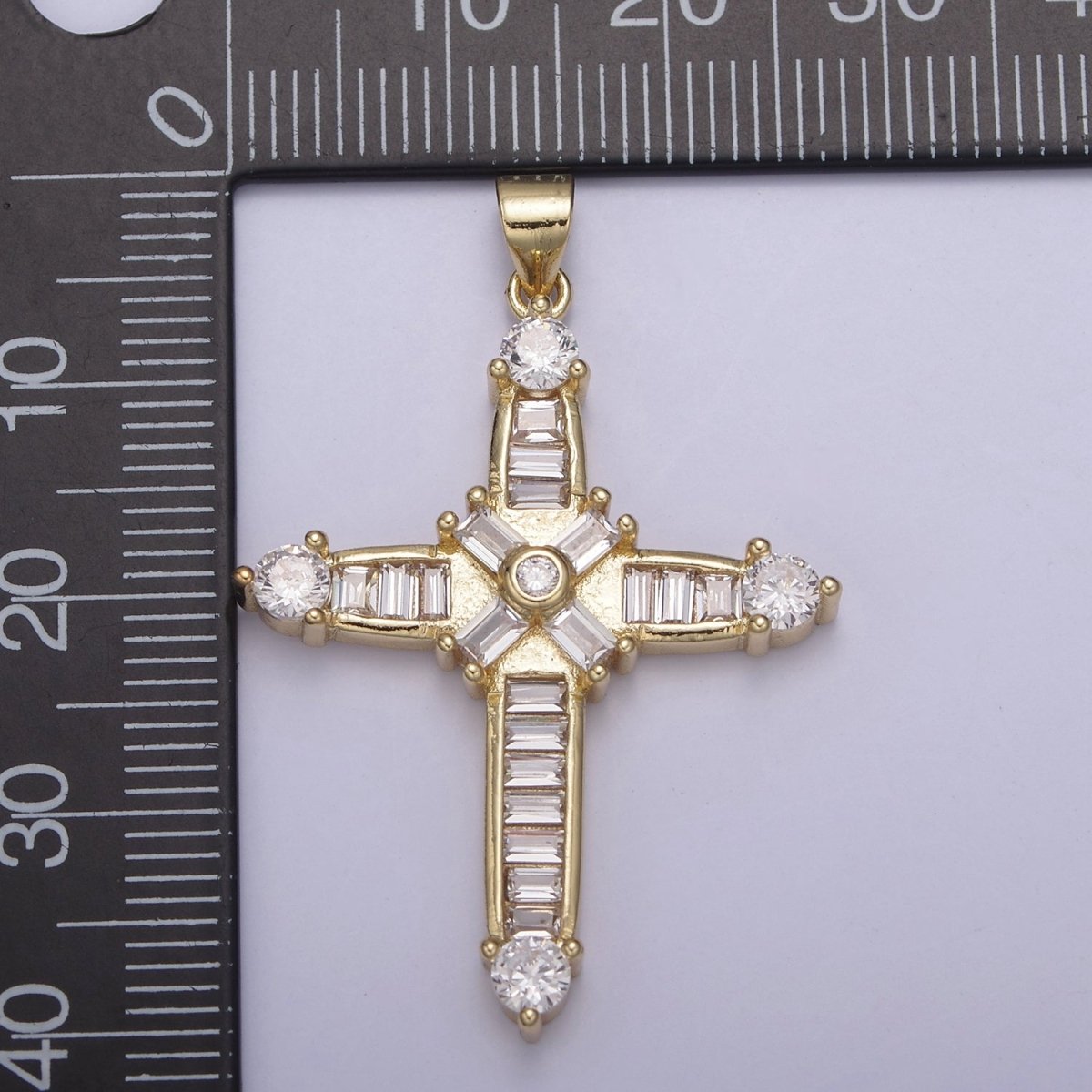 14k Gold Filled Sparkly baguette Cubic Zirconia Cross Pendant For Religious Jewelry making N-895