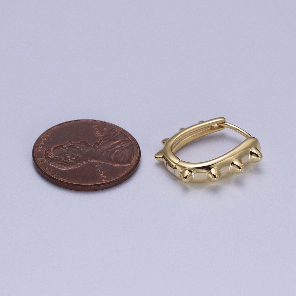 14K Gold Filled Spiked Lined Oblong U-Shaped 17mm Huggie Earrings | V-025 - DLUXCA