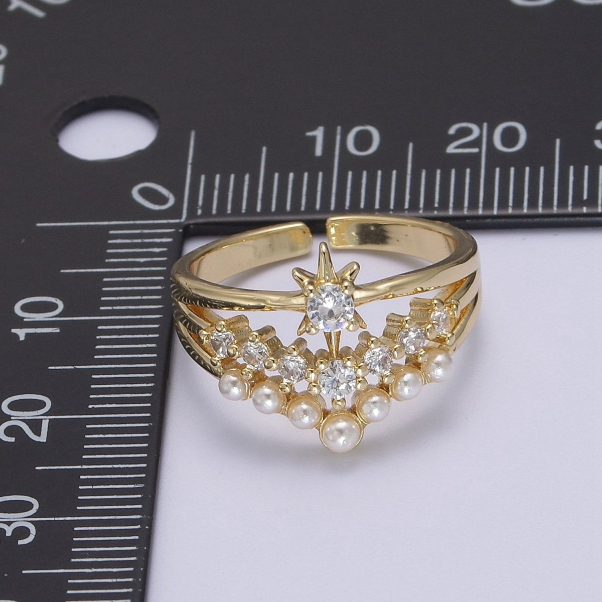 14k Gold Filled Star Ring Pearl Statement Open Adjustable Ring With Cubic Zirconia Celestial Jewelry S-448