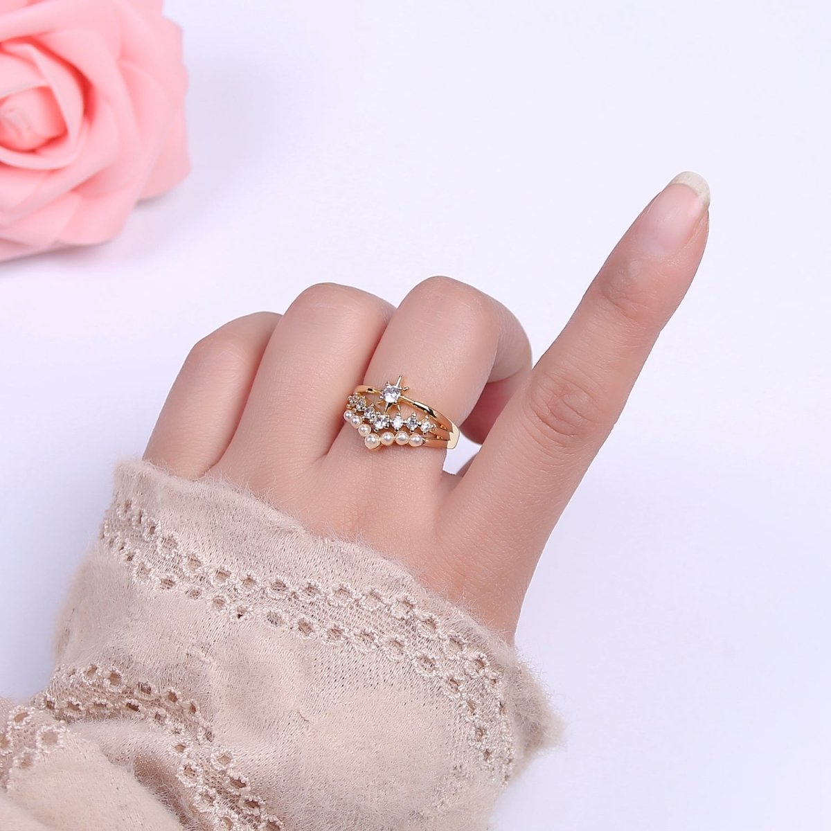 14k Gold Filled Star Ring Pearl Statement Open Adjustable Ring With Cubic Zirconia Celestial Jewelry S-448