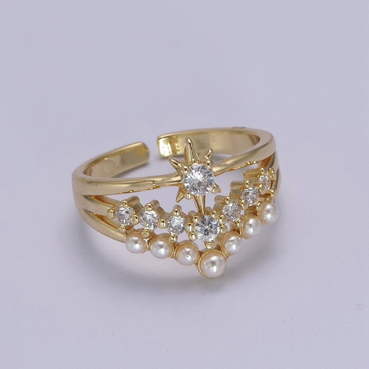 14k Gold Filled Star Ring Pearl Statement Open Adjustable Ring With Cubic Zirconia Celestial Jewelry S-448