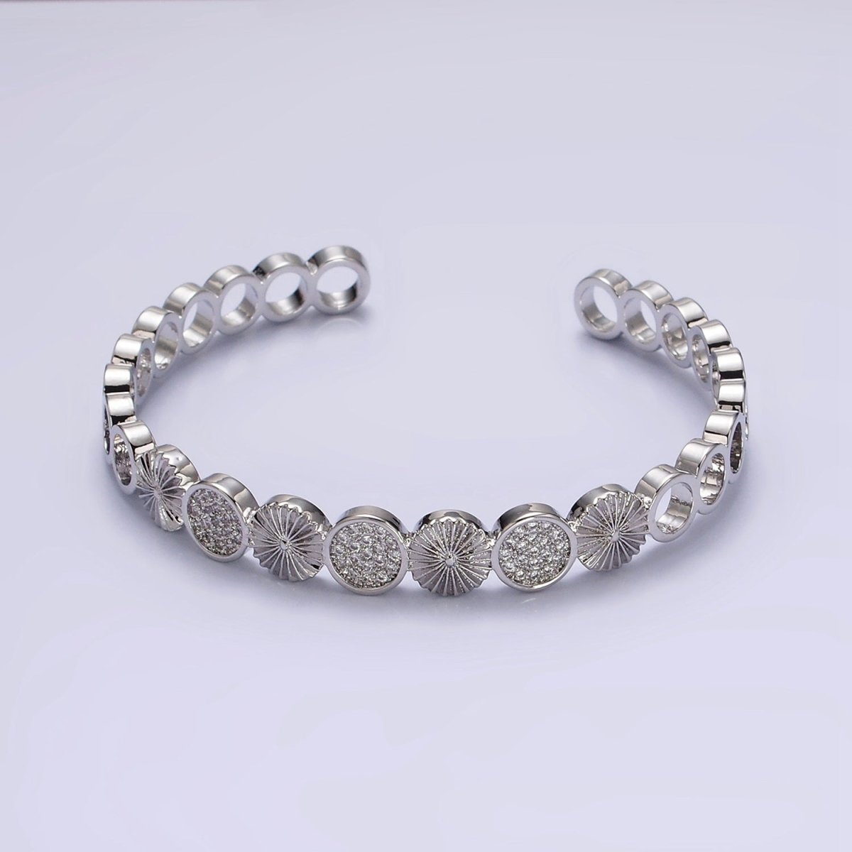14K Gold Filled Sunflower Sunburst Textured Micro Paved CZ Round Cuff Bangle Bracelet in Silver & Gold | WA-1933 WA-1934 Clearance Pricing