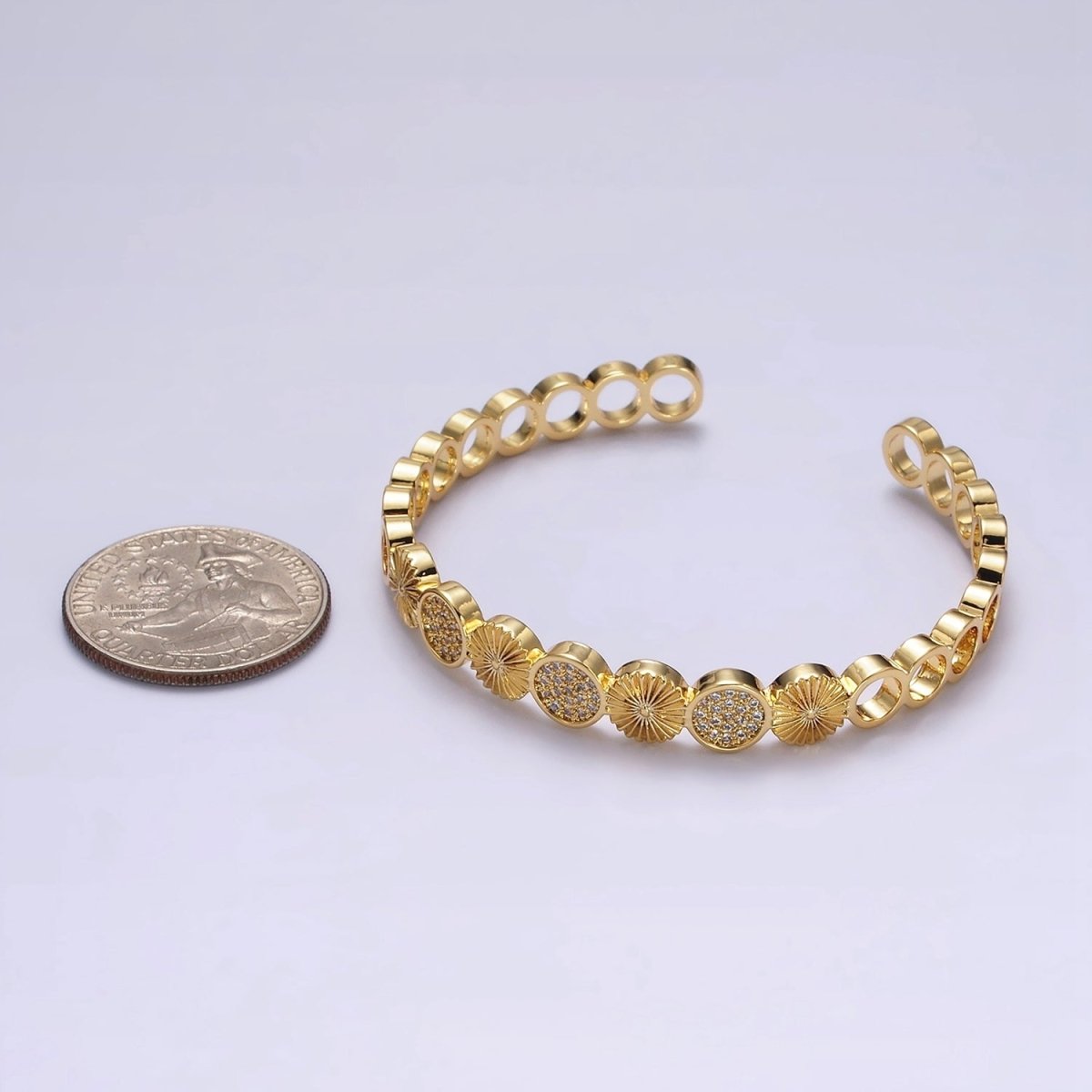 14K Gold Filled Sunflower Sunburst Textured Micro Paved CZ Round Cuff Bangle Bracelet in Silver & Gold | WA-1933 WA-1934 Clearance Pricing