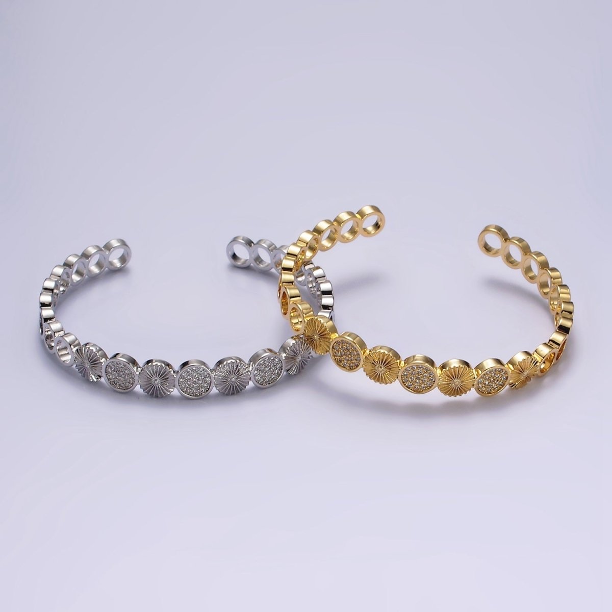 14K Gold Filled Sunflower Sunburst Textured Micro Paved CZ Round Cuff Bangle Bracelet in Silver & Gold | WA-1933 WA-1934 Clearance Pricing