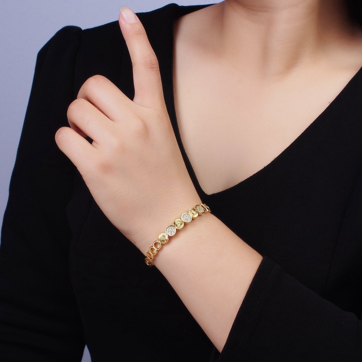 14K Gold Filled Sunflower Sunburst Textured Micro Paved CZ Round Cuff Bangle Bracelet in Silver & Gold | WA-1933 WA-1934 Clearance Pricing