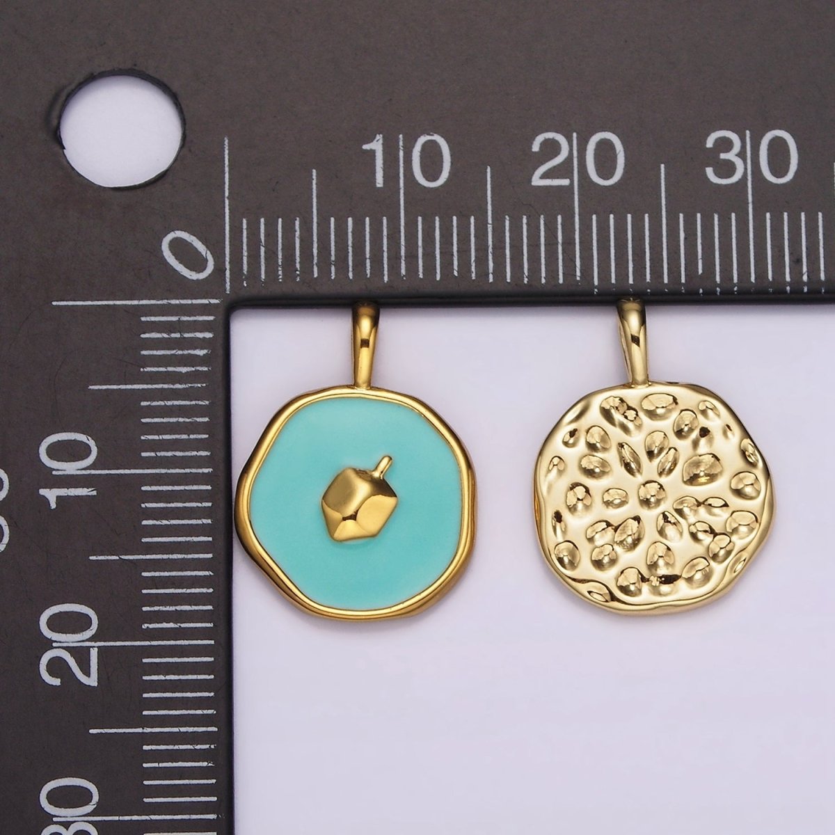 14K Gold Filled Teal Dreidel Charm Enamel Stamped Hannukah Jewelry Round Pendant | AA1094 - DLUXCA