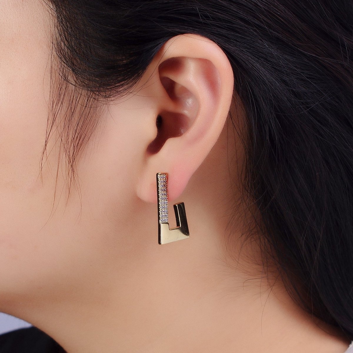 14K Gold Filled Thin Clear Micro Paved Geometric J-Shaped Hoop Earrings | AB332 - DLUXCA