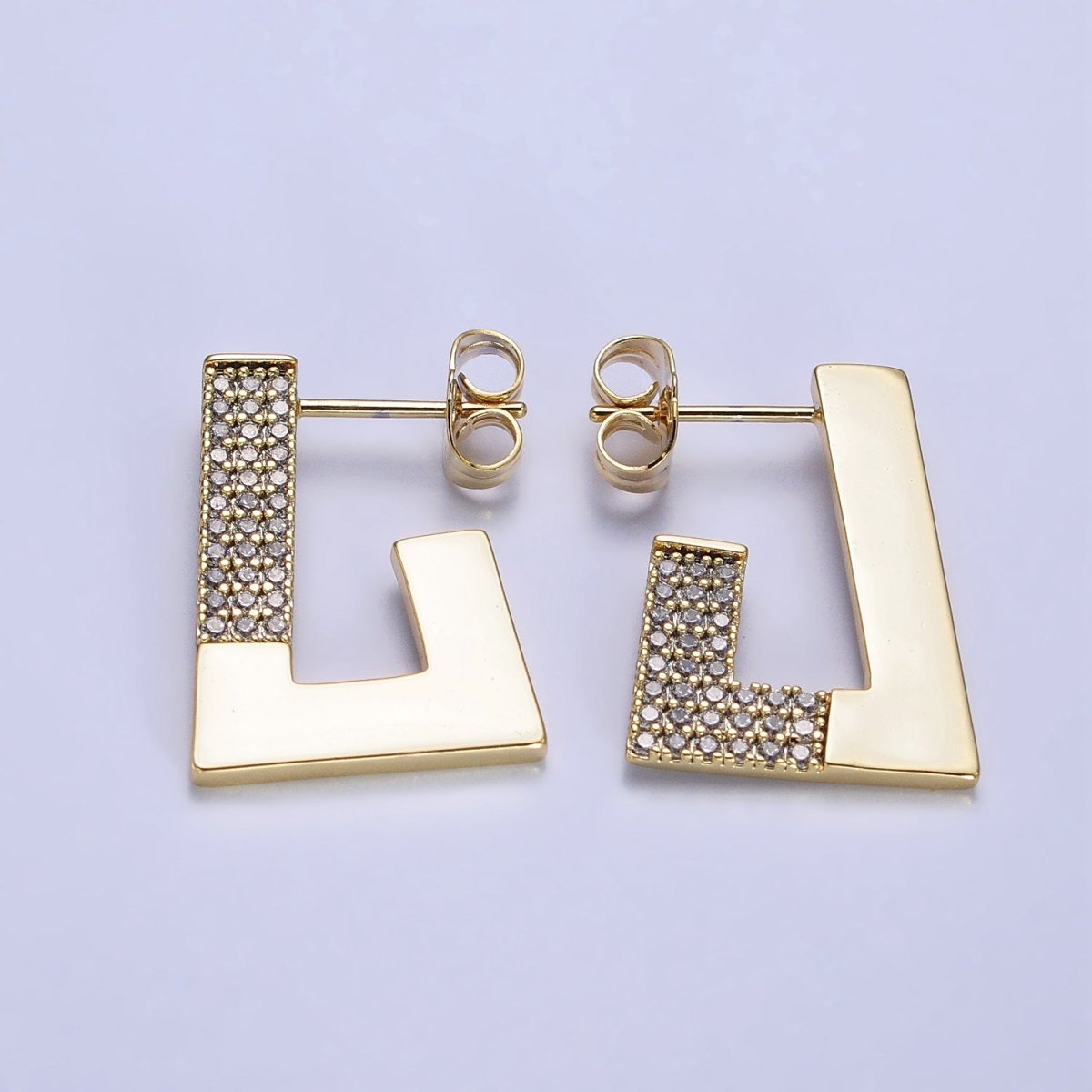 14K Gold Filled Thin Clear Micro Paved Geometric J-Shaped Hoop Earrings | AB332 - DLUXCA