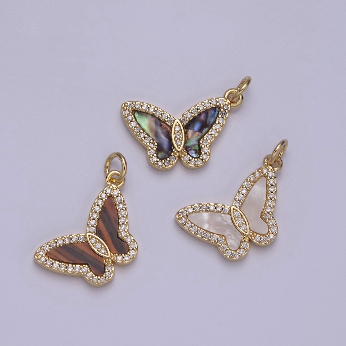 14K Gold Filled Tiger Eye, Mother of Pearl, Abalone Butterfly Monarch Micro Paved CZ Charm N-844 - N-846