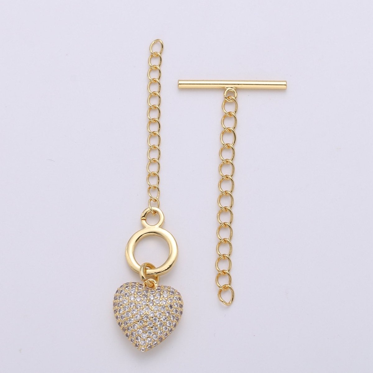 14K Gold Filled Toggle Clasp with CZ On Charm, 22mmx10mm Heart Charm and 10mmx2mm Bar. Extender Chain is 35mm 1.5inches You Can Cut K-454 K-455