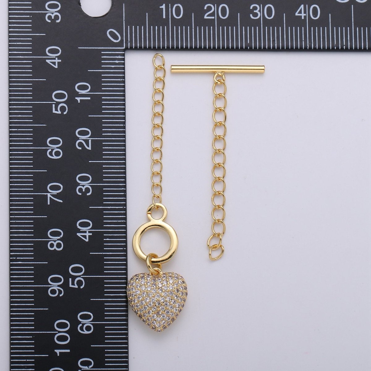 14K Gold Filled Toggle Clasp with CZ On Charm, 22mmx10mm Heart Charm and 10mmx2mm Bar. Extender Chain is 35mm 1.5inches You Can Cut K-454 K-455